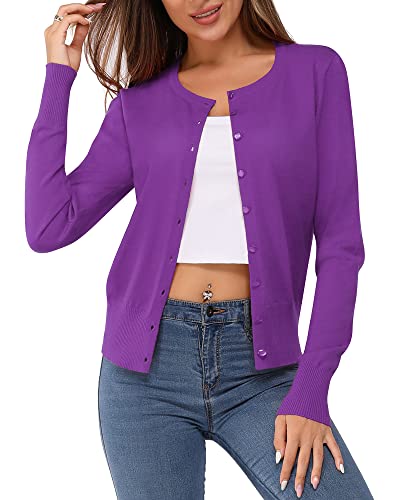 VOTEPRETTY Strickjacke Damen Kurz Sommer Cardigan Leicht Langarm Jersey Strickmantel Herbst Violett von VOTEPRETTY