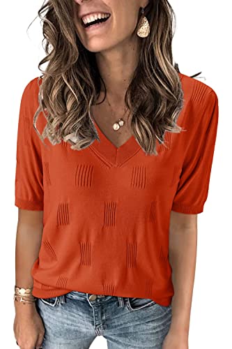 VOTEPRETTY Pullover Damen Kurzarm V Ausschnitt Sommer Oberteile Leicht Strickshirt Damenpullover von VOTEPRETTY