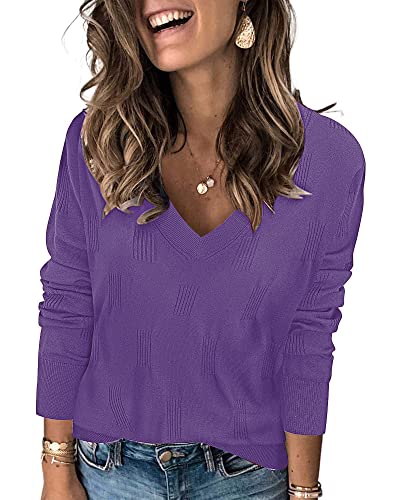 VOTEPRETTY Pullover Damen Strickpullover V Ausschnitt Elegant Frühling Sommer Langarmshirt Pulli Oberteile Violett von VOTEPRETTY