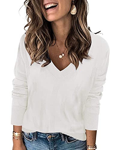 VOTEPRETTY Pullover Damen Herbst Winter V Ausschnitt Strickpullover Weiß Langarmshirt Elegant Pulli Winterpullover (M) von VOTEPRETTY