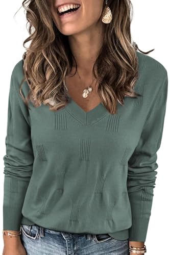 VOTEPRETTY Pullover Damen Strickpullover V Ausschnitt Elegant Herbst Winter Langarmshirt Pulli Oberteile Graugrün von VOTEPRETTY
