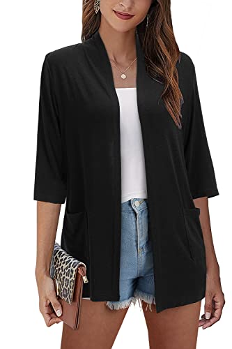 VOTEPRETTY Schwarz Strickjacken Damen Leichte Kurzarm Cardigan mit Tasche Casual Open Front Top (Schwarz,S) von VOTEPRETTY