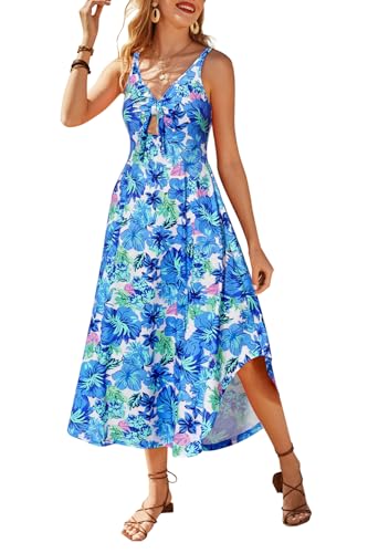 VOTEPRETTY Sommerkleid Damen Elegant Maxikleid Lang Sommer Kleid Hochzeitsgast Ärmellos Boho Strandkleid(Blau Floral,L) von VOTEPRETTY