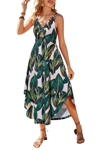 VOTEPRETTY Sommerkleid Damen Elegant Maxikleid Lang Sommer Kleid Hochzeitsgast Ärmellos Boho Strandkleid(Palmenblätter,XL) von VOTEPRETTY