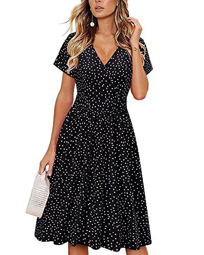 VOTEPRETTY Sommerkleid Damen Knielang Kleid Sommer V Ausschnitt Wickelkleid Kurzarm Midikleid mit Taschen von VOTEPRETTY