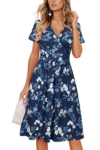 VOTEPRETTY Sommerkleid Damen Knielang Kleid Kurzarm V Ausschnitt Wickelkleid Blumen Midikleid mit Taschen(Blue White Flower,S) von VOTEPRETTY
