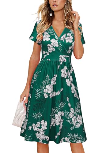 VOTEPRETTY Sommerkleid Damen Knielang Kleid Kurzarm V Ausschnitt Wickelkleid Blumen Midikleid mit Taschen(Green White Flower,M) von VOTEPRETTY