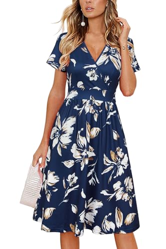 VOTEPRETTY Sommerkleid Damen Knielang Kleid Kurzarm V Ausschnitt Wickelkleid Blumen Midikleid mit Taschen(Navy Apricot Flower,M) von VOTEPRETTY