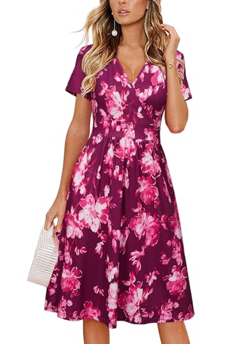VOTEPRETTY Sommerkleid Damen Knielang Kleid Kurzarm V Ausschnitt Wickelkleid Blumen Midikleid mit Taschen(Wine Red Flower,M) von VOTEPRETTY