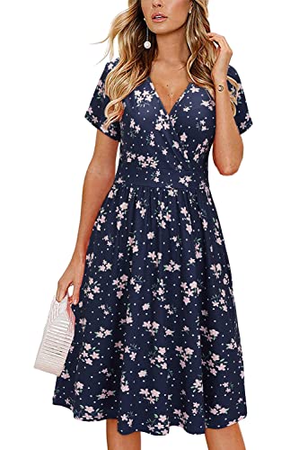 VOTEPRETTY Sommerkleid Damen Knielang Kleid Kurzarm V Ausschnitt Wickelkleid Blumen Midikleid mit Taschen von VOTEPRETTY