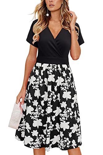 VOTEPRETTY Sommerkleid Damen Knielang Kleid Sommer V Ausschnitt Wickelkleid Kurzarm Midikleid mit Taschen von VOTEPRETTY