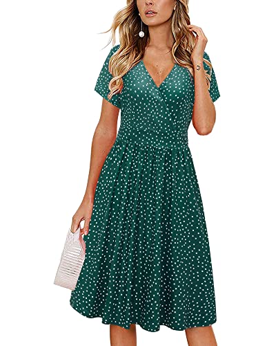 VOTEPRETTY Sommerkleid Damen Knielang Kleid Sommer V Ausschnitt Wickelkleid Kurzarm Midikleid mit Taschen von VOTEPRETTY