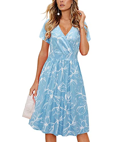 VOTEPRETTY Sommerkleid Damen Knielang Kleid Kurzarm V Ausschnitt Wickelkleid Blumen Strandkleid mit Taschen von VOTEPRETTY