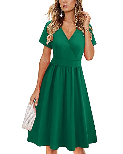 VOTEPRETTY Sommerkleid Damen Knielang Kleid Sommer V Ausschnitt Wickelkleid Kurzarm Midikleid mit Taschen(Grün,L) von VOTEPRETTY