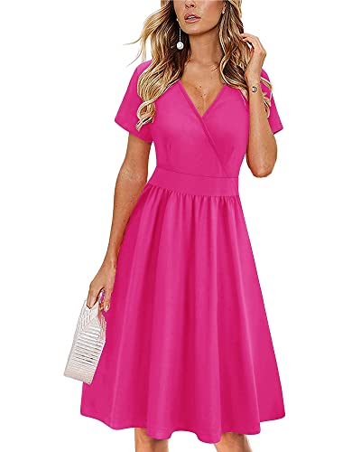 VOTEPRETTY Sommerkleid Damen Knielang Kleid Sommer V Ausschnitt Wickelkleid Kurzarm Midikleid mit Taschen(Rose,XXL) von VOTEPRETTY