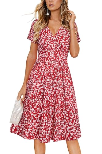 VOTEPRETTY Sommerkleid Damen Knielang Kleid Sommer V Ausschnitt Wickelkleid Kurzarm Midikleid mit Taschen von VOTEPRETTY