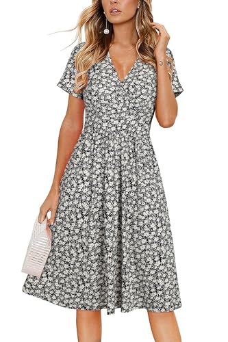 VOTEPRETTY Sommerkleid Damen Knielang Kleid Sommer V Ausschnitt Wickelkleid Kurzarm Midikleid mit Taschen von VOTEPRETTY