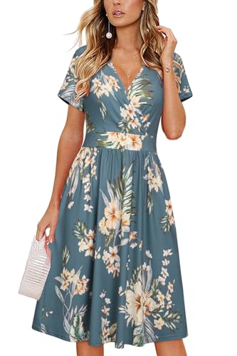 VOTEPRETTY Sommerkleid Damen Knielang Kleid Sommer V Ausschnitt Wickelkleid Kurzarm Midikleid mit Taschen von VOTEPRETTY