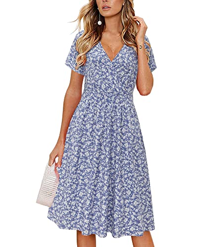 VOTEPRETTY Sommerkleid Damen Knielang Kleid Sommer V Ausschnitt Wickelkleid Kurzarm Midikleid mit Taschen von VOTEPRETTY