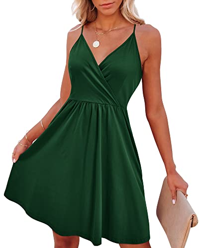 VOTEPRETTY Sommerkleid Damen Knielang Spaghettiträger Sommer Kleid Kurz Leicht V Ausschnitt Strandkleid Grün von VOTEPRETTY