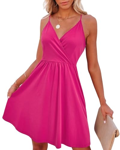 VOTEPRETTY Sommerkleid Damen Knielang Spaghettiträger Sommer Kleid Kurz Leicht V Ausschnitt Strandkleid Rose von VOTEPRETTY