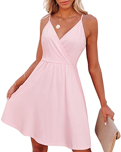 VOTEPRETTY Sommerkleid Damen Knielang Spaghettiträger Sommer Kleid Kurz Leicht V Ausschnitt Strandkleid Rosa von VOTEPRETTY