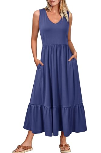 VOTEPRETTY Sommerkleid Damen Lang Maxikleider V Sommer Kleider Ausschnitt Ärmelloses Strandkleid Freizeitkleid (Deep Blue,L) von VOTEPRETTY