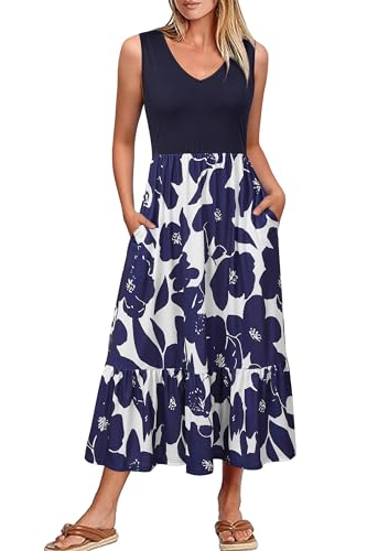 VOTEPRETTY Sommerkleid Damen Lang Maxikleider V Sommer Kleider Ausschnitt Ärmelloses Strandkleid Freizeitkleid (FloralB,S) von VOTEPRETTY