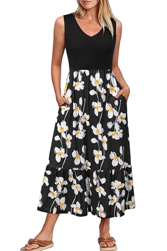 VOTEPRETTY Sommerkleid Damen Lang Maxikleider V Sommer Kleider Ausschnitt Ärmelloses Strandkleid Freizeitkleid (FloralC,L) von VOTEPRETTY