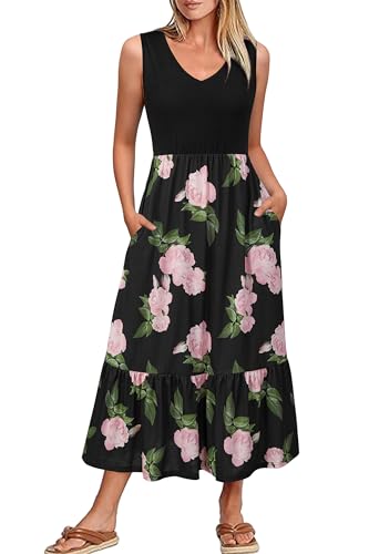 VOTEPRETTY Sommerkleid Damen Lang Maxikleider V Sommer Kleider Ausschnitt Ärmelloses Strandkleid Freizeitkleid (Florala,XXL) von VOTEPRETTY