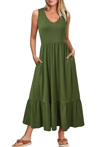 VOTEPRETTY Sommerkleid Damen Lang Maxikleider V Sommer Kleider Ausschnitt Ärmelloses Strandkleid Freizeitkleid (Grün,XL) von VOTEPRETTY