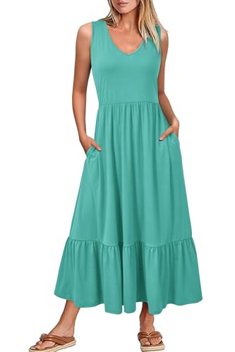 VOTEPRETTY Sommerkleid Damen Lang Maxikleider V Sommer Kleider Ausschnitt Ärmelloses Strandkleid Freizeitkleid (Lake Grün,XL) von VOTEPRETTY