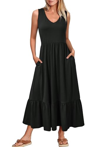 VOTEPRETTY Sommerkleid Damen Lang Maxikleider V Sommer Kleider Ausschnitt Ärmelloses Strandkleid Freizeitkleid (Schwarz,S) von VOTEPRETTY