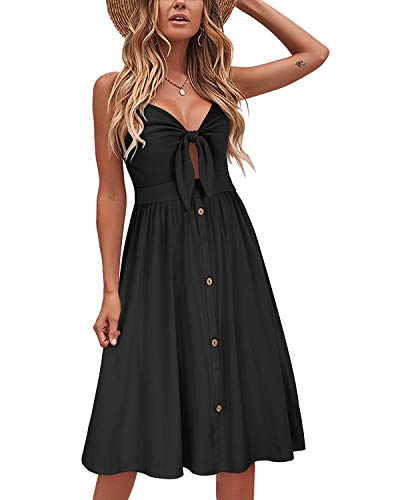 VOTEPRETTY Sommerkleider Damen Knielang Spaghettiträger Kleid Schwarz Sommer Strandkleid Midkleid mit Taschen von VOTEPRETTY