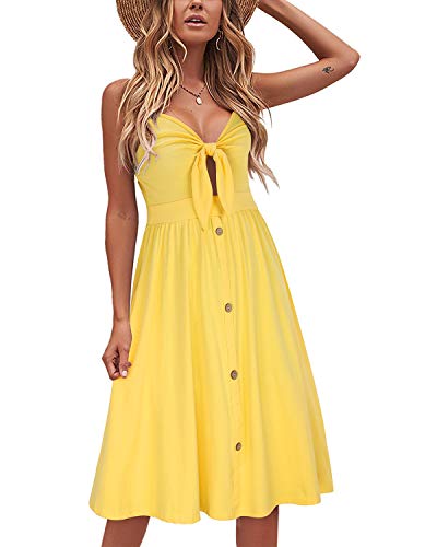 VOTEPRETTY Sommerkleider Damen Knielang Spaghettiträger Kleid Sommer Strandkleid Midkleid mit Taschen Gelb von VOTEPRETTY