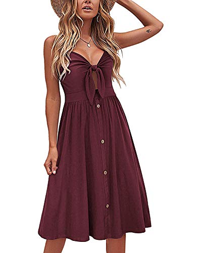 VOTEPRETTY Sommerkleider Damen Knielang Spaghettiträger Kleid Sommer Strandkleid Midkleid mit Taschen Dunkelrot von VOTEPRETTY