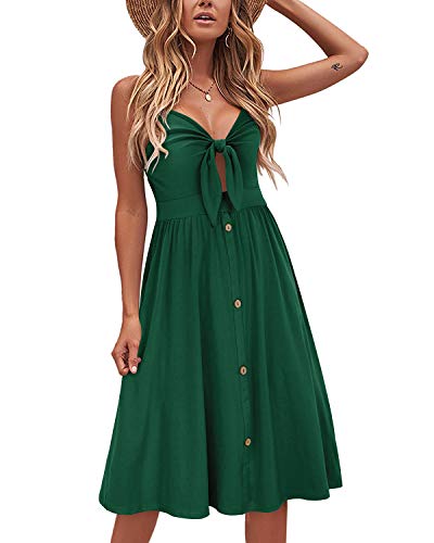 VOTEPRETTY Sommerkleider Damen Knielang Spaghettiträger Kleid Grün Sommer Strandkleid Midkleid mit Taschen von VOTEPRETTY