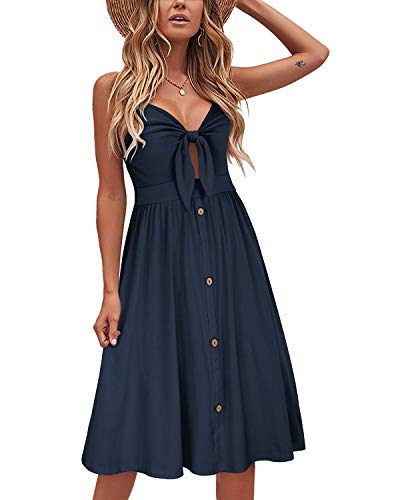 VOTEPRETTY Sommerkleider Damen Knielang Spaghettiträger Kleid Sommer Strandkleid Midkleid mit Taschen Marine von VOTEPRETTY