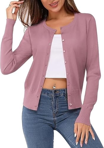 VOTEPRETTY Strickjacke Damen Kurz Sommer Cardigan Leicht Langarm Jersey Strickmantel Herbst Helles Lila von VOTEPRETTY