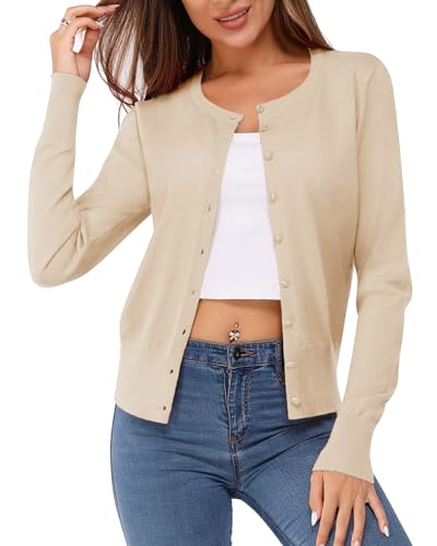 VOTEPRETTY Strickjacke Damen Leichte Cardigan Kurz Rundhals Strickjacken Langarm Strickmantel mit Knöpfe von VOTEPRETTY
