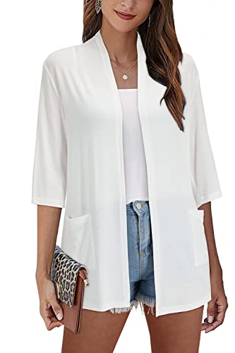 VOTEPRETTY Weiß Strickjacken Damen Leichte Kurzarm Cardigan mit Tasche Casual Open Front Top (Weiß,XL) von VOTEPRETTY