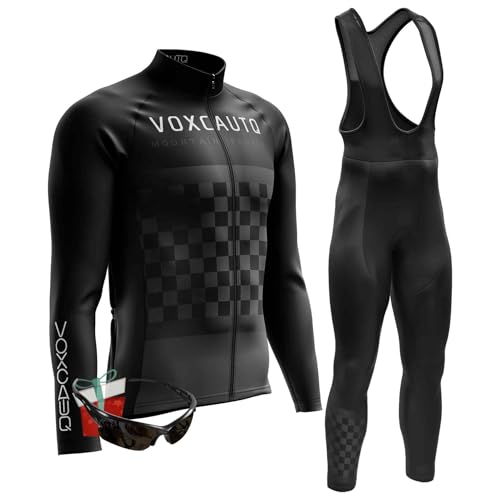 VOXCAUTQ Herren LangarmAnzüge Radtrikot Set, Winter Warm halten with Fleece Langärmliges Fahrradtrikot,Winter Fahrradbekleidung + 9D Gel für Radfahren MTB outdoor (TypA-5,L) von VOXCAUTQ