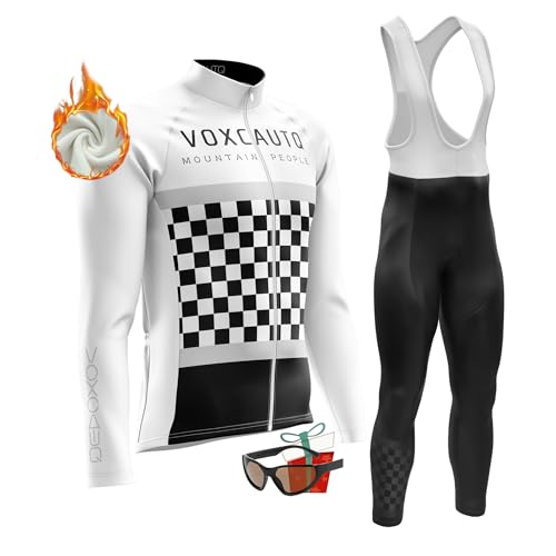 VOXCAUTQ Herren LangarmAnzüge Radtrikot Set, Winter Warm halten with Fleece Langärmliges Fahrradtrikot,Winter Fahrradbekleidung + 9D Gel für Radfahren MTB outdoor (TypB-4,M) von VOXCAUTQ