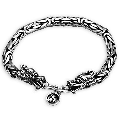 VOYADE Herren S925 Sterling Silber Drachen Armband, Gothic Vintage Thai Silber Doppel Drachenkopf Motorrad Armband,Silver 4mm,19cm von VOYADE