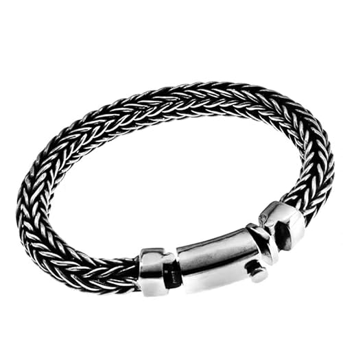 VOYADE Herren Thai Silber Armband, S925 Silber Vintage Reines Handgewebtes Twisted Thick Kiel Armband, Punk Motorrad Geschenk,Silber,21cm von VOYADE