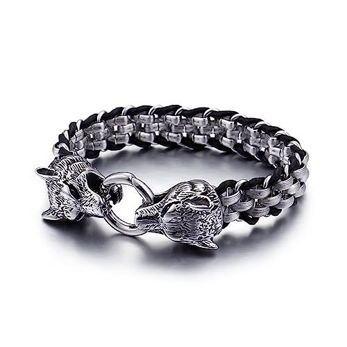 VOYADE Mode Punk-Stil Edelstahl Double Wolf Kopf Armband, Herren Stahl Geflochtene Diamant-Armband,Silber,22cm VOYADE Mode Punk-Stil Edelstahl Double Wolf Kopf Armband, Herren Stahl Geflochtene Diamant-Armband,Silber,22cm von VOYADE