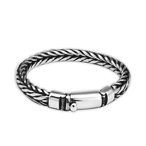 VOYADE S925 Silber Reines Handgewebtes Kielarmband, Dickes Weizenstachel-Thai-Silberarmband Für Männer, Großzügiges Schnallenarmband Aus Kubanischer Kette,Silber,18cm von VOYADE