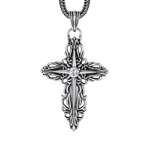 VOYADE S925 Sterling Silber Floral Kreuz Anhänger, Paar Mode Kruzifix Anhänger Halskette,Silber,Pendant + Chain 55cm von VOYADE