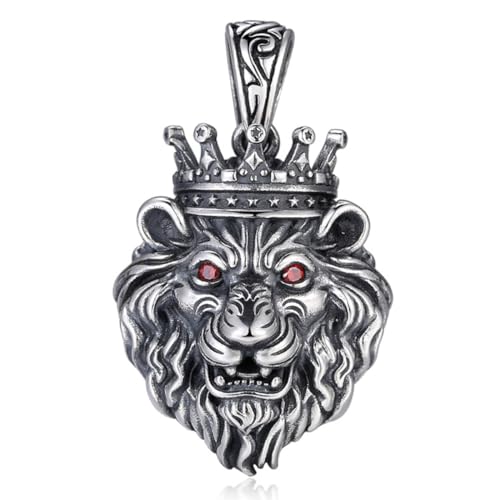 VOYADE S925 Sterling Silber Herrschsüchtig Krone Löwenkopf Anhänger, Herren Vintage Löwenkopf Anhänger Halskette,Silber,Pendant + Chain 60cm von VOYADE