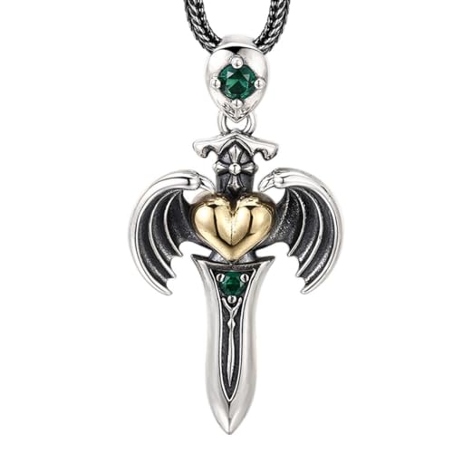 VOYADE S925 Sterling Silber Herz-Kreuz-Schwert-Anhänger, Männer Und Frauen Flügel Kreuz Anhänger Halskette,Silber,Pendant + Chain 50cm von VOYADE